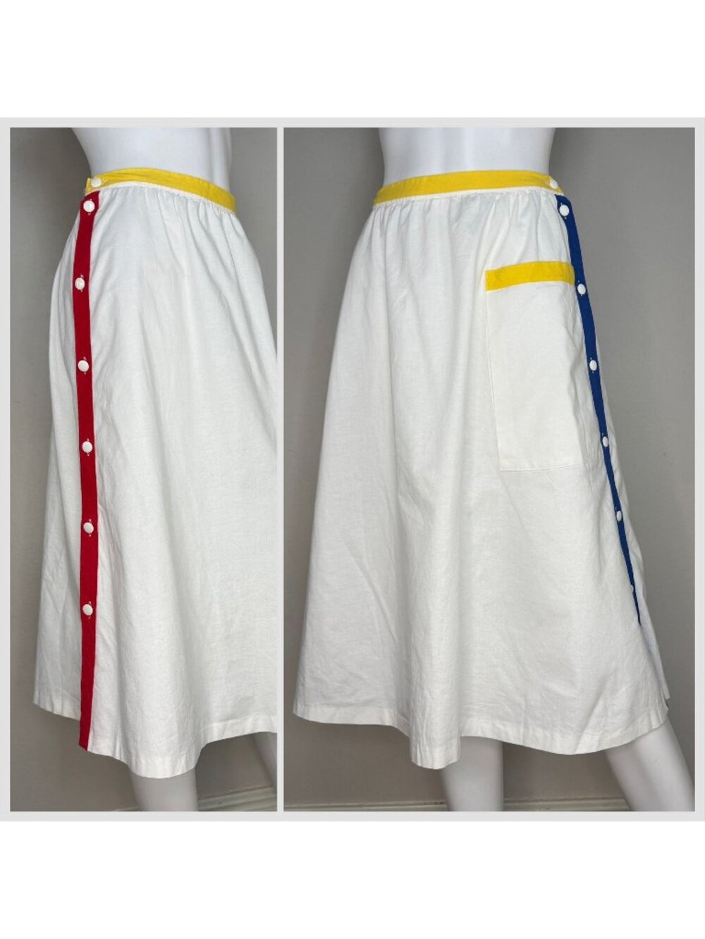 Vintage 1980s White Side Button Midi Skirt, Primary Color Trim, Petri Sweden XS